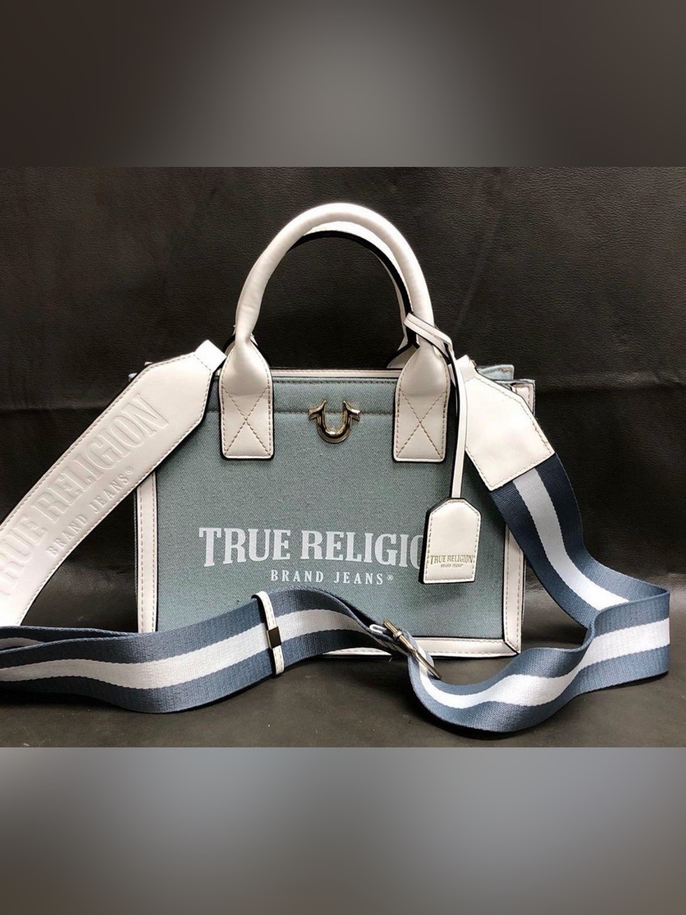 True Religion Light Blue Modern Edge Denim Tote Bag White Trim Purse Retail $98